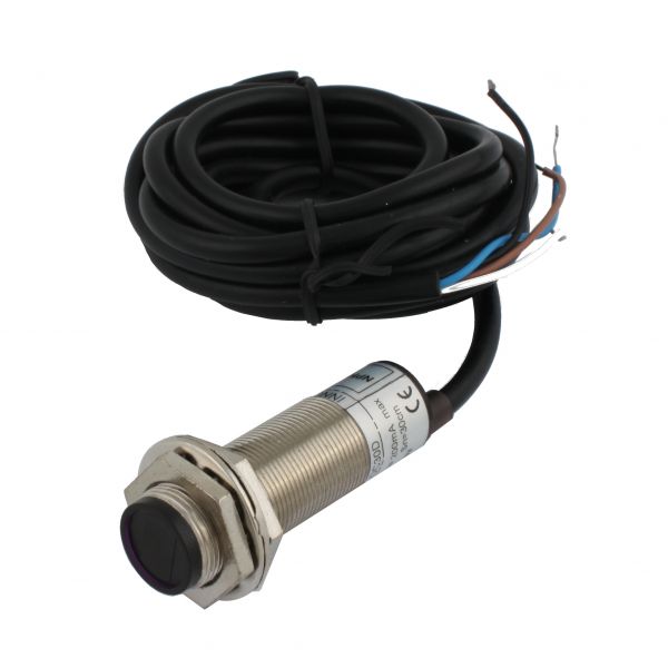 Фотодатчик диффузионный INNOCONT, М18x1, зона срабатывания до 30 см, -10 +60 С, 12…24 VDC, IP67, выход: NPN NO + NC, макс. ток 200 мА, время реакции 3 мс, кабель 2 м PES-D18-NOC30D (cable)