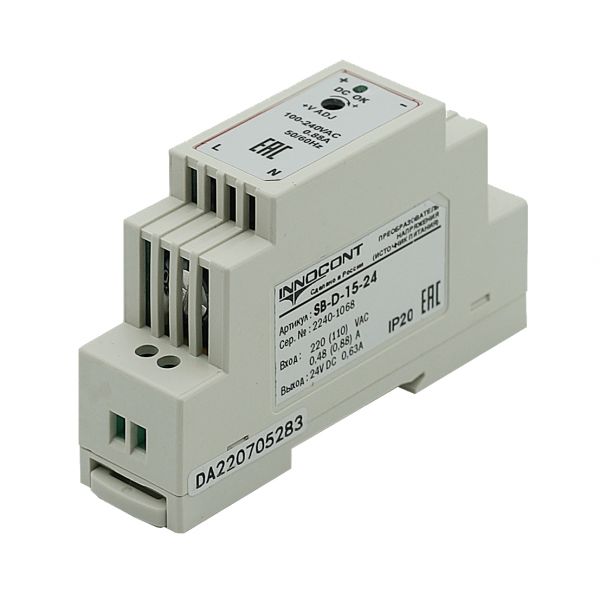 Источник питания INNOCONT. Вход: 220VAC, 0.48А, выход: 15W, 24VDC, 0.63A, -10 +50С, IP20, типы защиты: КЗ, перегрузка, перенапряжение SB-D-15-24