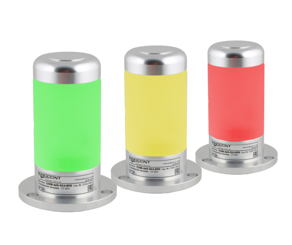 Светосигнальная колонна INNOCONT, алюминиевый корпус, d=50, L=65, светодиод, постоянное свечение, трехцветный: красный, желтый, зеленый, с зуммером, 24VDC, IP50