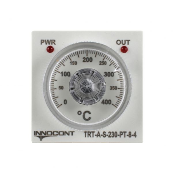 Температурный контроллер INNOCONT с аналоговым управлением, 48х48х82 мм,вход Pt100, 0...400C, выход реле, ON/OFF, 230VAC, электросоединение под розетку 8pin