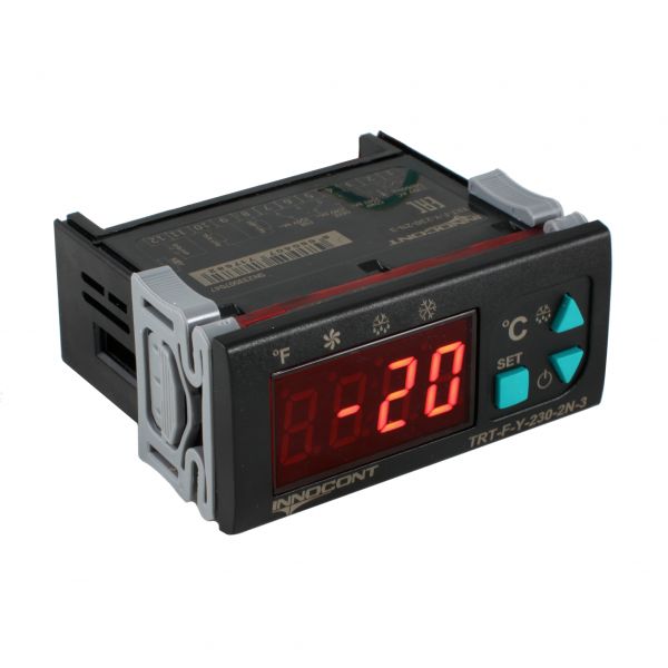 Температурный контроллер INNOCONT для управления охлаждением/размораживанием, 4 разряда, 77х35х61 мм, 2xNTC, выходы реле на компрессор, охладитель и испаритель, ON/OFF, 230VAC, комплектный фиксатор